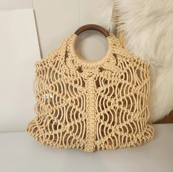 Free People Esmerelda Macrame Boho Tote Bag Purse Bohemian 1970s 70s Style Beach - Picture 2 of 10